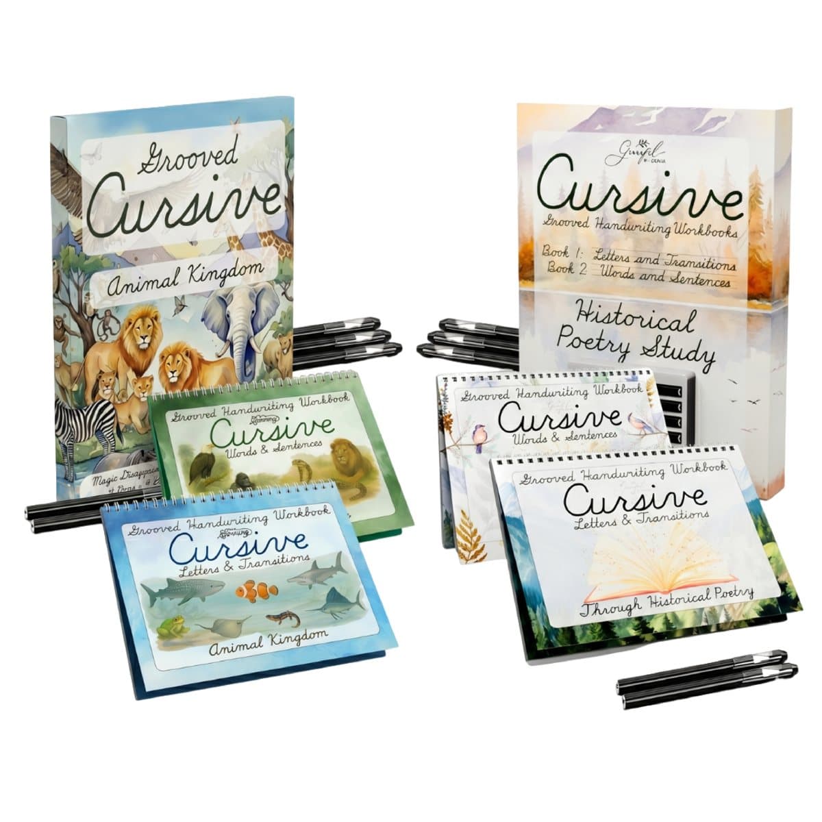 Complete Cursive Bundle with Animal Kingdom and Historical Poetry books, pens and refills